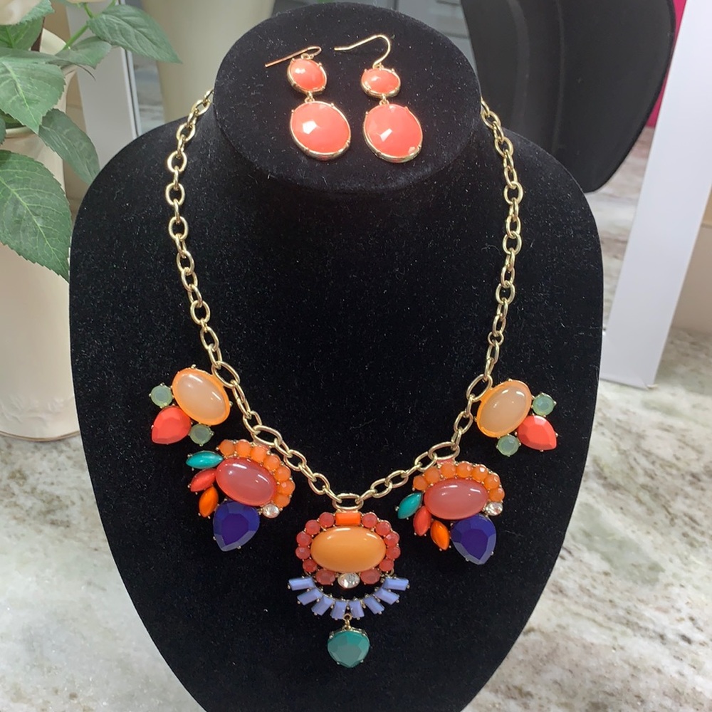 Statement colorful necklace with coral earings
